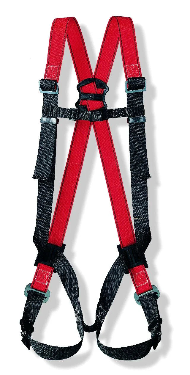 Auffanggurt mit roten und schwarzen Gurten, Sicherheitsausrüstung für Höhenarbeiten