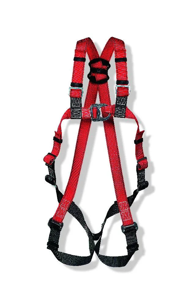 Roter Auffanggurt mit schwarzen Beinschlaufen für Arbeitssicherheit im Industrie- und Baugewerbe