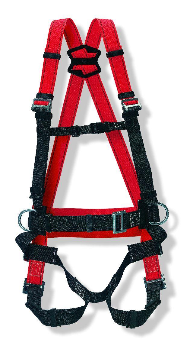 Roter Auffanggurt Typ 90 mit schwarzen Gurten und Metallschnallen für Arbeitssicherheit