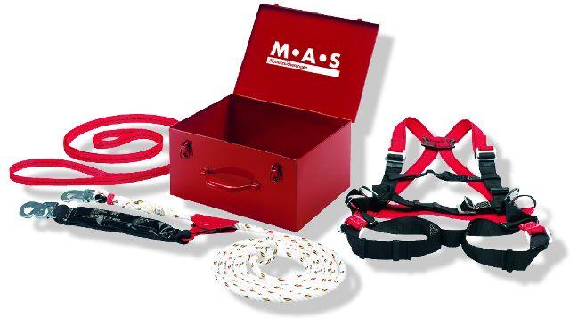 Sicherheitsgeschirr Set mit Auffanggurt, Sicherungsseil, Karabinerhaken und roter Aufbewahrungsbox
