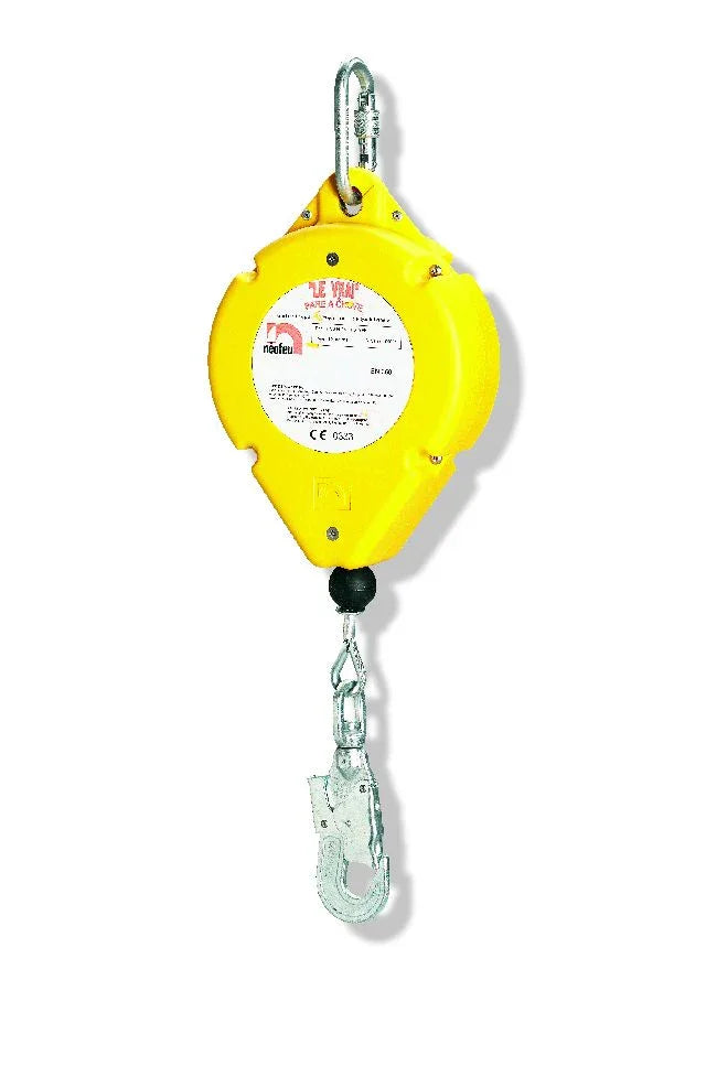 Gelbes Höhensicherungsgerät mit Haken, Absturzsicherung für Hebetechnik und Arbeitssicherheit