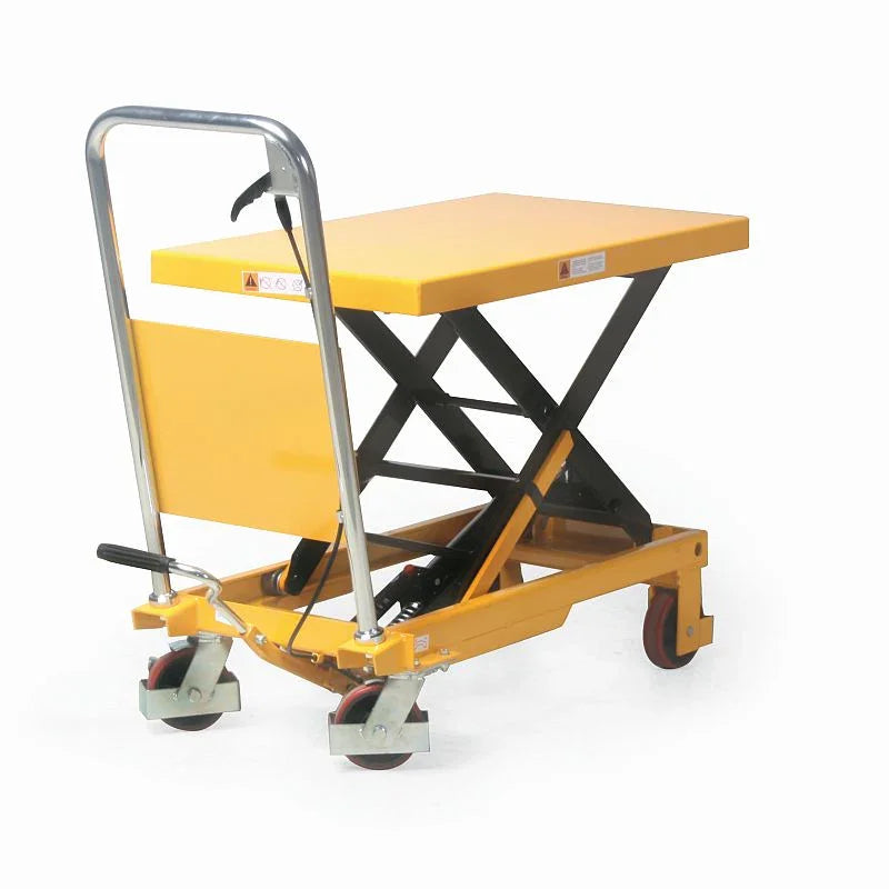 Scherenhubtischwagen 300kg, gelb, mit Rollen und Handgriff, Industrie Hebelösung